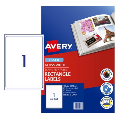 Label Avery L7767 Laser 1 Up Pack of 25 199.6mmx 289.1mm Glossy White 0